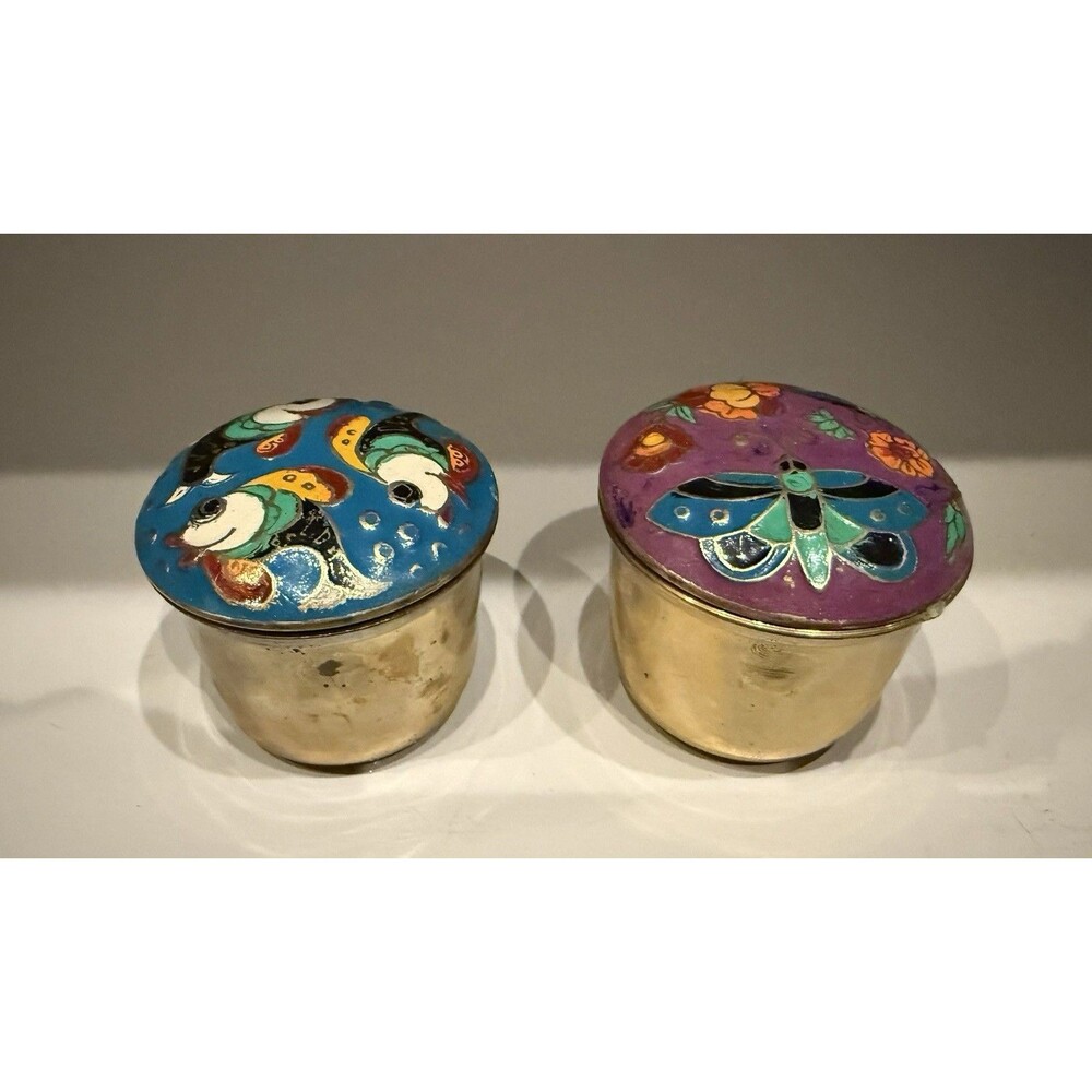 2 Antique cloisonné And Brass jar trinket box mosaic home decor accent indie